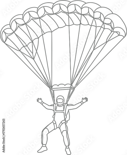 Skydiver in midair with an open parachute, wearing a helmet and jumpsuit, arms outstretched, against a plain background, illustrating the sport of skydiving
