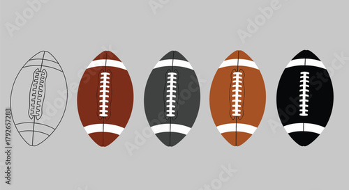 Five American Football Balls in Different Color Variations Illustration