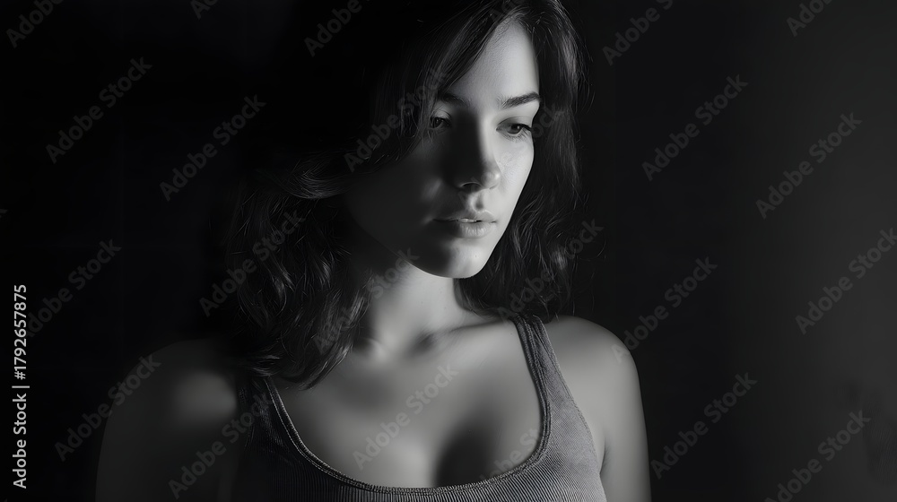Naklejka premium A contemplative young woman in dramatic chiaroscuro lighting looking downwards