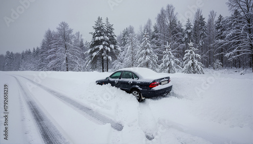 A car stuck in a deep snowbank on the side of a rural road. Vehicle stranded after an accident in hazardous winter weather conditions