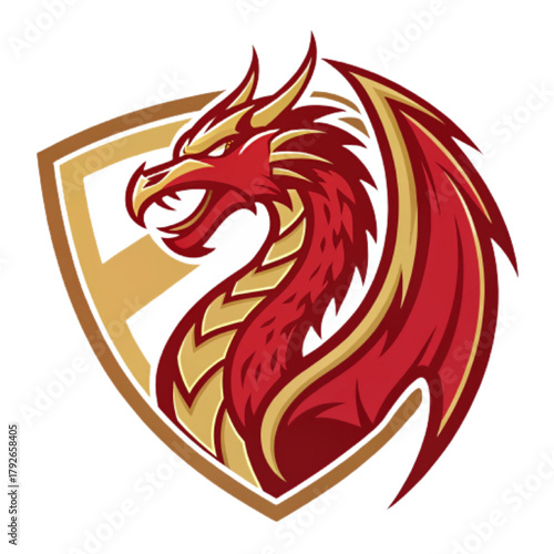 Imperial Dragon Esport Mascot Logo – Flat Vector Crest with Red and Gold Colors, Thick Outline Design, Transparent Background PNG

