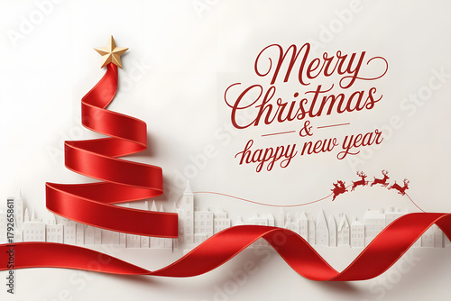 Elegant Merry Christmas and Happy New Year Greeting with Red Ribbon Tree