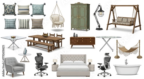 Collection of various home furniture and decor items in studio lighting