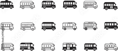 Stylized school bus icon set with 18 variations in shape, color, and features for transportation and educational vector content