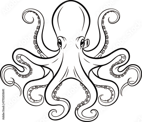 Stylized octopus illustration with symmetrical curling arms and suction cups, black-and-white vector design for marine and artistic concept