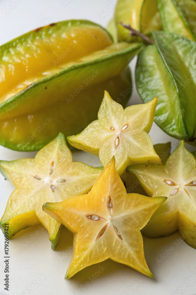 Fototapeta premium Close-up of sliced star fruit on a wooden board, showcasing the fruit's unique star shape and juicy texture, with a shallow depth of field.