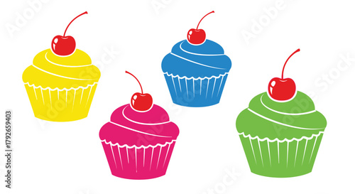 Colorful cupcakes with bright cherry toppings are beautifully arranged on a white background