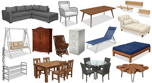 Assorted furniture collection featuring indoor, outdoor, wooden and metal pieces on display