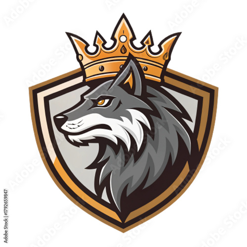Crowned Wolf Esport Mascot Logo – Vector Badge Design with Grey and Bronze Colors, Centered Symmetry, Transparent Background PNG

