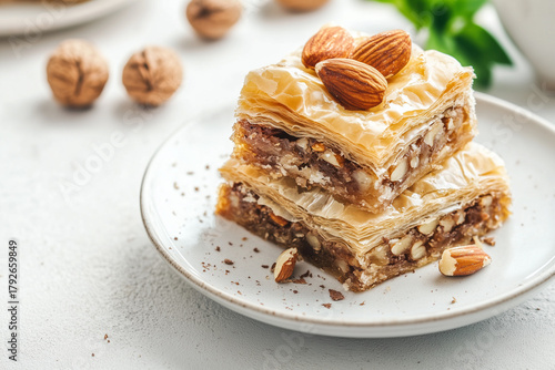 Wallpaper Mural Golden, flaky baklava layered with nuts and honey syrup, captured on a clean white background to highlight its rich texture and irresistible sweetness. Torontodigital.ca