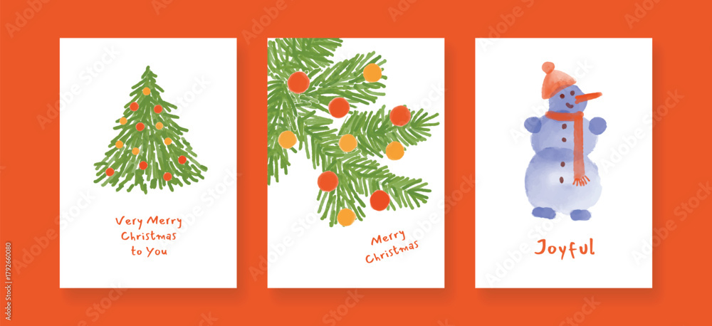 Fototapeta premium Childlike Christmas cards with watercolor tree, pine branches and a cute snowman. Soft festive style perfect for holiday greetings, posters and seasonal prints