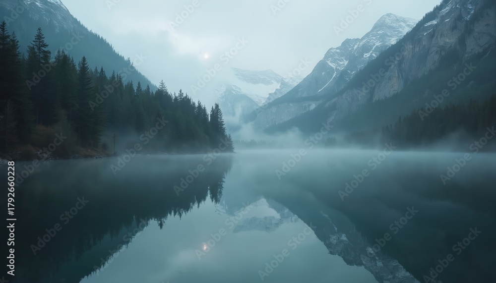 Fototapeta premium Tranquil mountain lake reflects snowy peaks, pine forest in foggy morning. Still water mirrors serene wilderness landscape. Quiet nature scenery with mist over calm surface at dawn. Peaceful outdoor