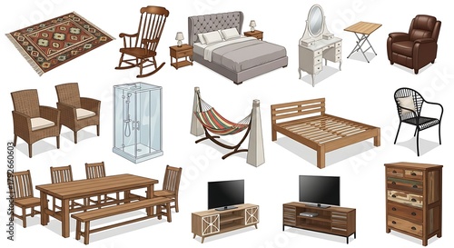 Home furnishing arrangement displaying diverse furniture styles and elements on a white background