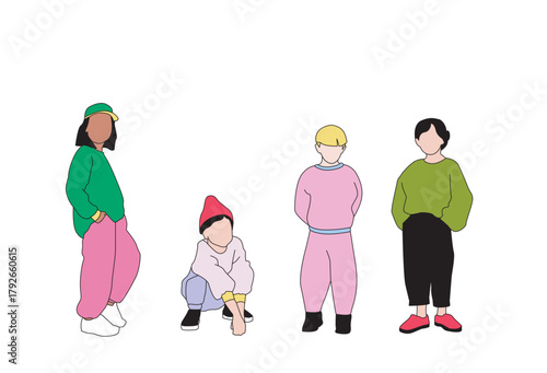 Set of 4 colorful Kids, Illustration Portraits Outline Colors - Characters SVG 