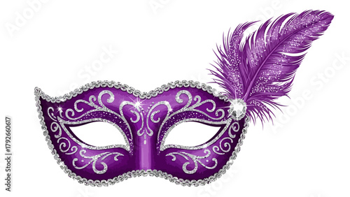 A purple Venetian mask with silver filigree and a glittery feather