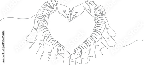 A group of diverse hands forming a heart shape, symbolizing love, unity, and connection