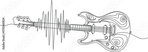 Abstract continuous line drawing of an electric guitar with a sound wave emanating from its neck, symbolizing music and audio