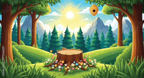 Sunny forest scene with tree stump, flowers, and beehive, vector illustration for nature exploration, landscape beauty, and environmental concept