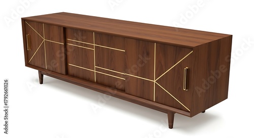 Walnut wood mid-century modern sideboard cabinet with geometric golden accents