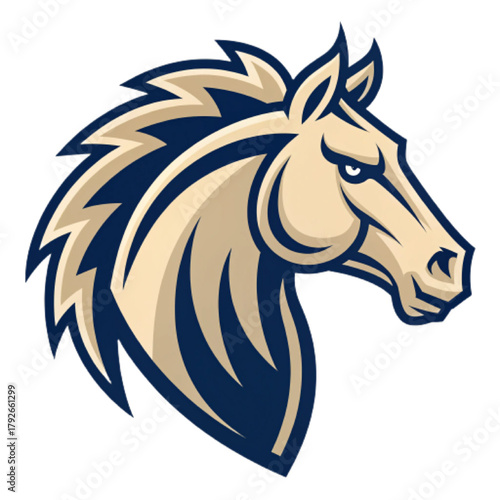 Noble Horse Head Esport Mascot Logo – Flat Vector Emblem with Beige and Navy Colors, Bold Thick Contour, Transparent Background PNG

