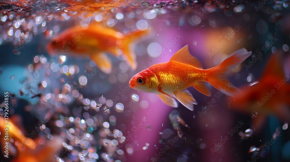 Obraz premium Colorful goldfish swimming in a vibrant aquarium during a bright afternoon