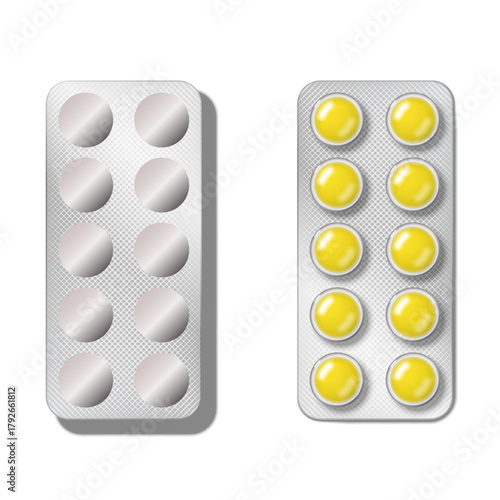 Blister pack with yellow pills 3d blank mockup two sides top view isolated on white, realistic vector illustration for medicine, pharmacy, health care, or vitamin product presentation.