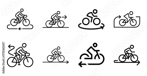 Cyclist riding activity and direction concept outline icons set