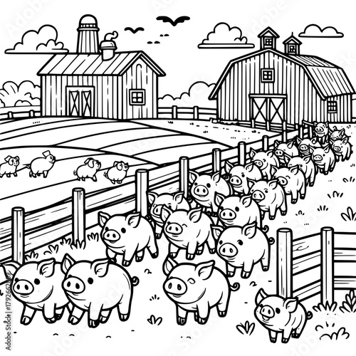 Illustration of many pigs walking near a fence with barns and clouds in the background drawing line art