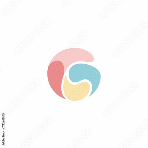 Abstract circular logo with three colorful swirling shapes.