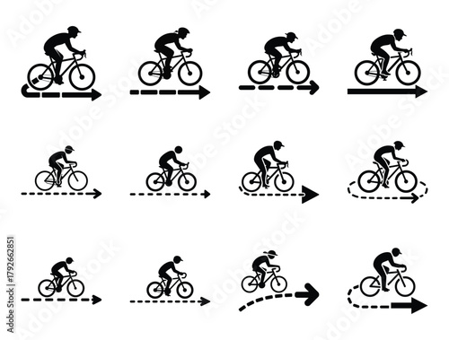 Cyclist icons and pictograms with arrows indicating movement