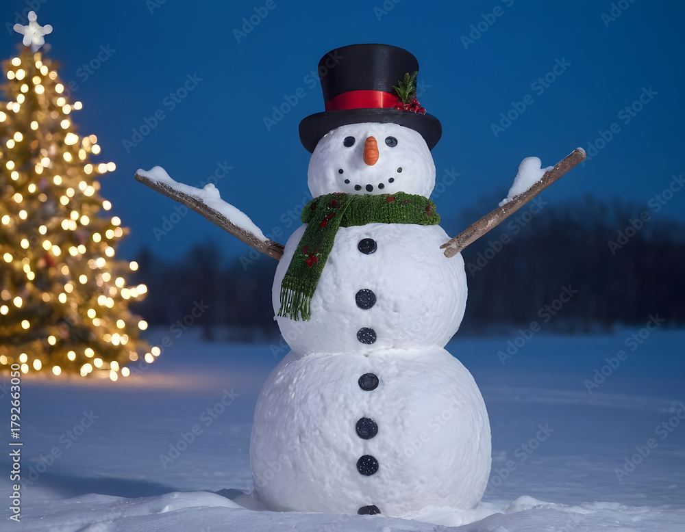 Obraz premium A cheerful snowman standing in the middle of a snowy field, with twinkling Christmas lights wrapped around nearby trees, creating a warm and festive atmosphere against the snow