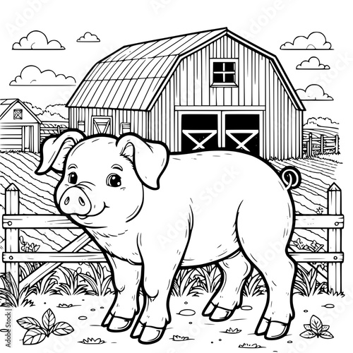 Illustration of a pig standing in front of a barn with a fence and some clouds in the background