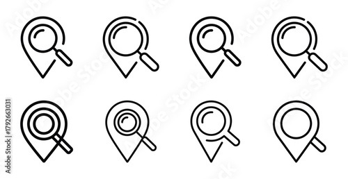 Location search icons set. find place map pointer with magnifying glass.