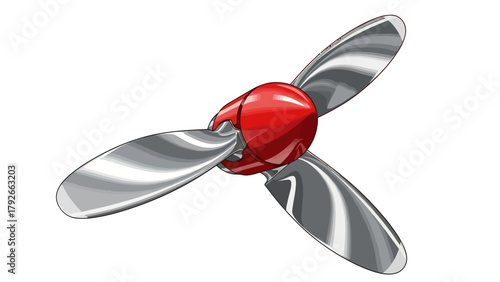 A red propeller with three silver blades on a white background