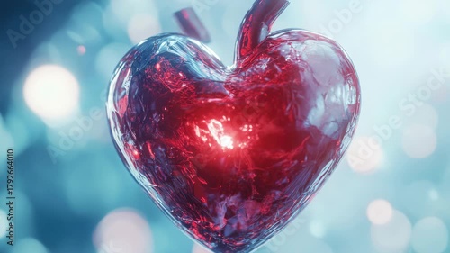 A heart made of ice with a red center. The heart is surrounded by a blue background. The heart is lit up and he is glowing