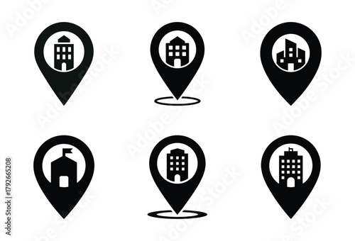 Building location map pins and markers with various structures