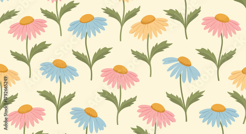 Floral Repeating Surface With Charming Daisies And Soft Pastel Colors