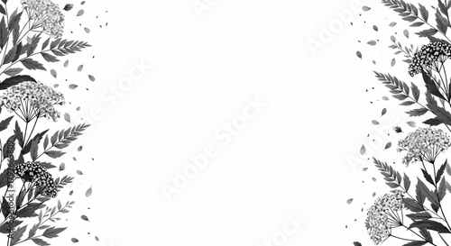 Monochrome Floral Design Border With Blossoms And Foliage