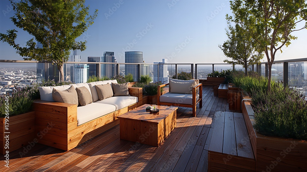 Obraz premium Luxury rooftop garden terrace: modern wooden furniture and green plants overlooking the city skyline. Urban oasis, lifestyle, and real estate concept.
