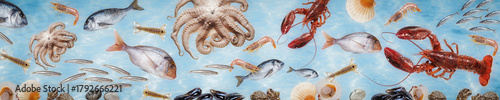 Artistic arrangement of sea creatures and seafood floating on a blue background, showcasing marine biodiversity and culinary inspiration.