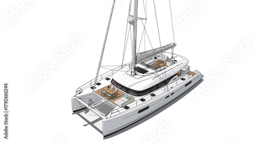 A rendered image of a white catamaran sailboat on a white background