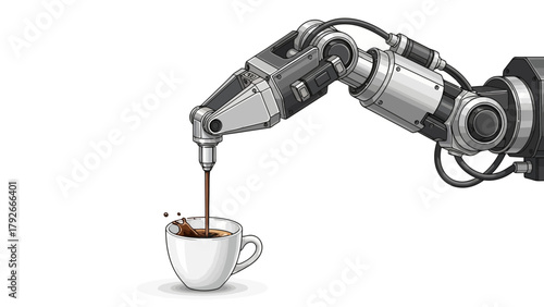A robot arm pours coffee into a white mug