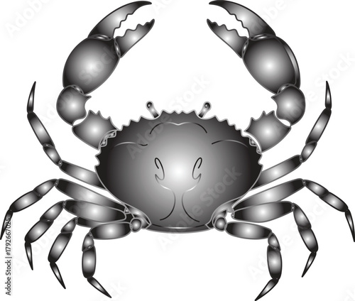 Stylized crab illustration with symmetrical claws and metallic texture, black-and-white vector design for marine, seafood, and coastal concept
