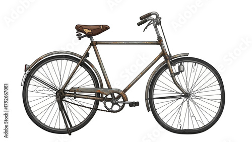 A rusted vintage bicycle with a brown leather seat