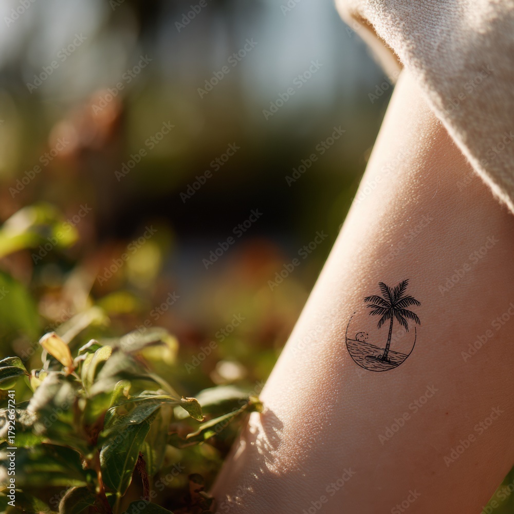 Obraz premium Tranquil Mini Oasis: Nape Tattoo Design on Real Skin Featuring Circle Palm, Dune Arc, and Quiet Rest