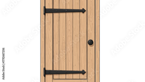 A rustic wooden door with black hinges and a knob