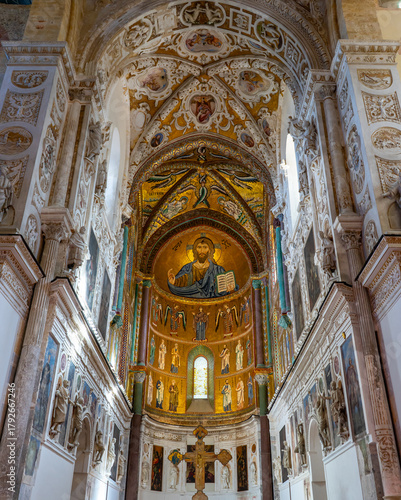 The richly decorated interior of the cathedral of Cefalù, Sicily, Italy.