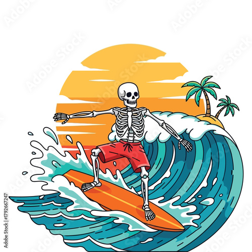 Spooky skeleton shreds a killer wave on surfboard under a vibrant sunset, embodying extreme fun and beach vibes.