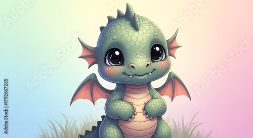 A cute baby dragon sits on soft grass and smiles sweetly against a pastel background, creating an adorable fantasy illustration perfect for children’s books, stickers, and digital art collections.