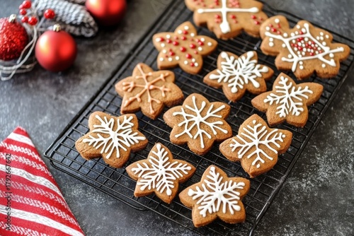 Black wire cooling rack several gingerbread cookies it Speculoos or Spekulatius, Christmas